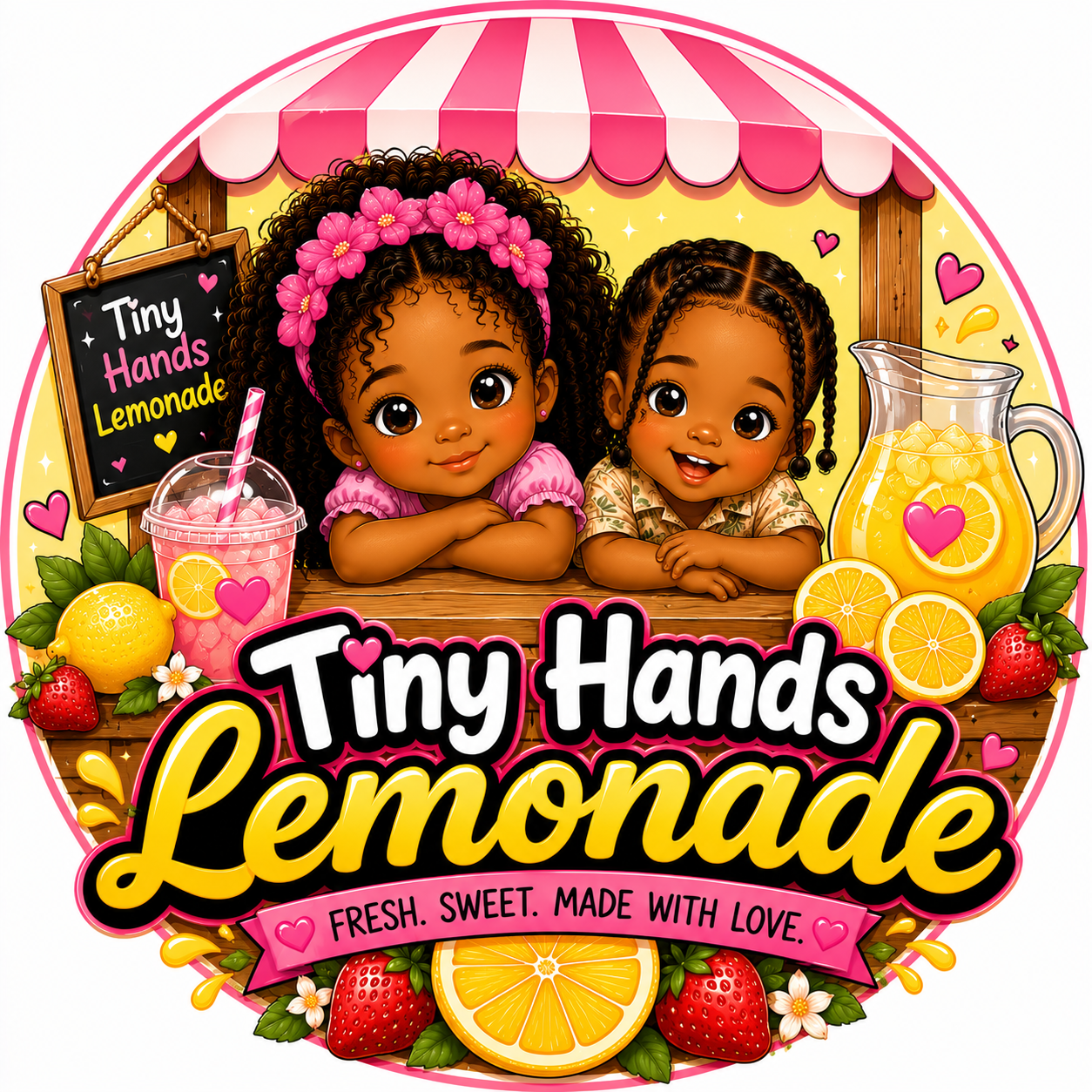 Tiny Hands Lemonade logo featuring Maleah and Jaxx